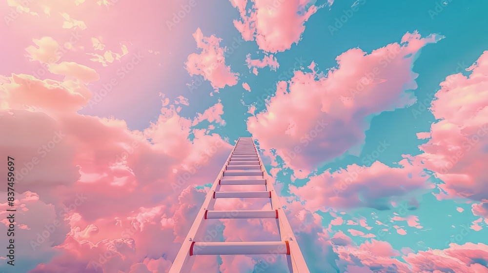 Wall mural a step ladder extending into a pastel-colored sky filled with fluffy clouds, symbolizing the journey