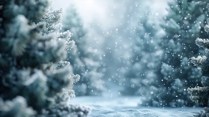 A serene low angle view of a winter forest, with soft-focus snowy trees and gentle snowfall, creating a tranquil, blurry background.