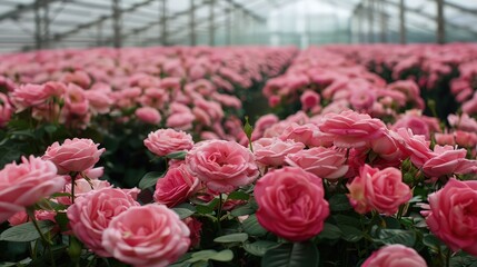 Fototapeta premium A vast greenhouse filled with blooming pink roses, rows upon rows extending into the distance under a translucent ceiling.