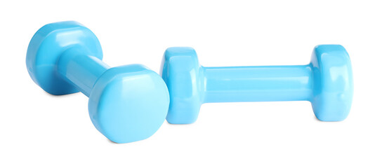 Light blue dumbbells isolated on white. Sports equipment