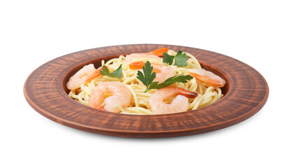 Tasty spaghetti with shrimps and parsley isolated on white