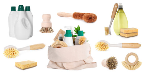 Set of eco-friendly cleaning products isolated on white