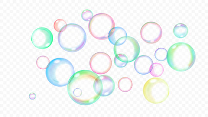 Set of many translucent rainbow soap bubbles, isolated on transparent background. For use on light illustrations. Transparency only in vector format.