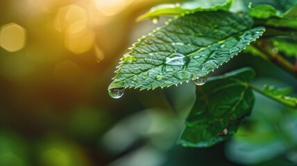 Close-up of dew drops on green leaf with blurred sunlight in background