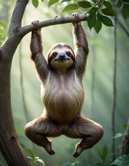Obraz premium A smiling sloth hangs leisurely from a branch against a verdant rainforest backdrop, embodying calmness and serenity.