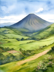 Fototapeta premium Mt Ntingui Comoros Country Landscape Watercolor Illustration Art