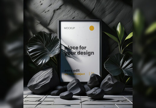 Poster Frame Mockup between carbon rocks 05 Generative Ai