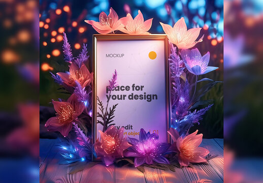 Poster Frame Mockup between bio psicodelic plant and flowers Generative Ai