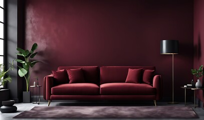Accent Living Lounge in Burgundy and Black with Crimson Red Velor Sofa.
