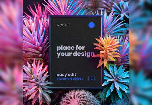 Poster Frame Mockup between colorful plant leafs 01 Generative Ai