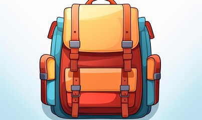 Backpack flat design, top view, travel theme, cartoon drawing, Triadic Color Scheme