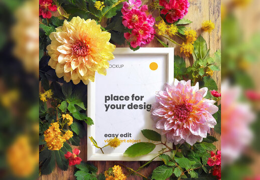 Poster Frame Mockup between plant flowers 02 Generative Ai