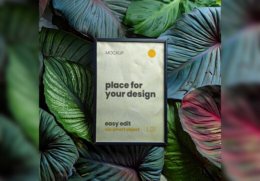 Poster Frame Mockup between plant leafs 02 Generative Ai