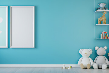 Mock up posters in child room interior, posters on empty blue wall background