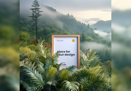 Poster Frame Mockup between plant leafs forest fog Generative Ai