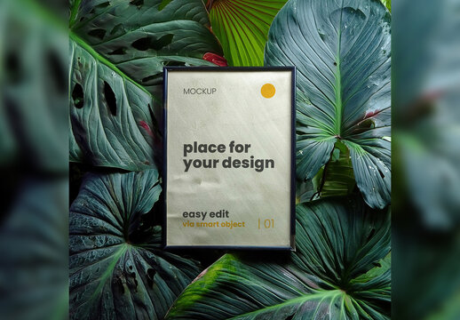 Poster Frame Mockup between plant leafs Generative Ai