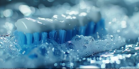 A mesmerizing close-up view of a toothbrush with droplets of water and foamy toothpaste, highlighting the everyday hygiene routine in vivid details