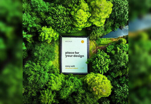 Poster Frame Mockup between plant leafs trees forest 03 Generative Ai