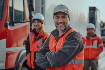 Obraz premium Group of delivery staff with transport truck. home delivery. Logistics worker.