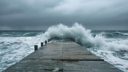 Stormy sea with large waves crashing on wooden pier under dark cloudy skies