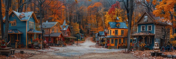 Fototapeta premium A picturesque autumn scene featuring a charming village with colorful houses surrounded by vibrant fall foliage in a serene forest setting