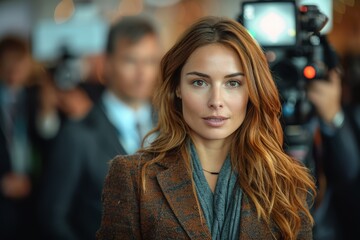 Obraz premium A professional young woman with long hair and wearing a stylish coat standing confidently in a busy indoor setting with blurred figures and camera equipment in the background
