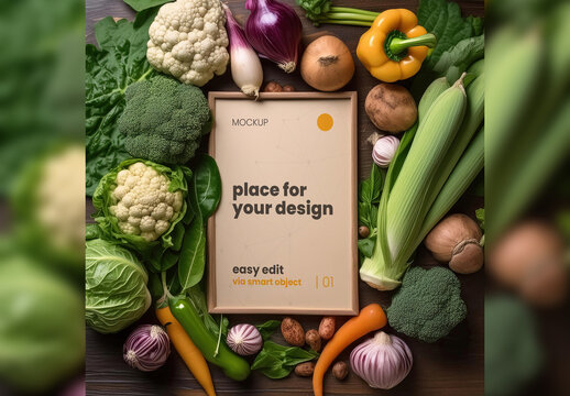 Poster Frame Mockup between vegetables 01 Generative Ai