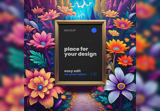 Poster Frame Mockup between psicodelic plant leafs Generative Ai