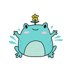 Cute cartoon frog with a flower. Kawaii froggie. Baby animal for childish stickers and prints. Cartoon summer character for kids. Flat childish illustration on a white background