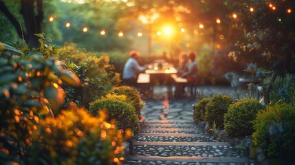 Aerial shot of a European rooftop garden with people around a table, steps leading down, and green bushes.