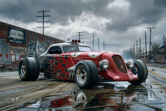 A stunning rat rod style custom vehicle parked on a muddy street in an urban industrial setting under a cloudy sky, showcasing intricate paintwork and large tires