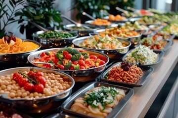 Fototapeta premium A vibrant and colorful buffet display featuring an array of freshly prepared, healthy salads and vegetables, showcasing a feast of nutritious and appetizing options