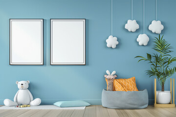 Mock up posters in child room interior, posters on empty blue wall background