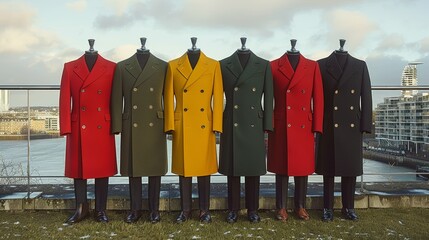 A vibrant display of six elegant overcoats in various colors arranged on mannequins, set against a scenic outdoor backdrop with a cityscape and river view