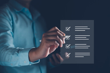 Check list concept. Businessman tick off questionnaire, survey, test, checklist, business question,...