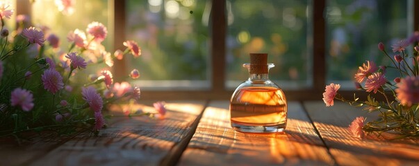 An elegant glass bottle filled with liquid placed on a wooden table, surrounded by sunlight and blooming flowers near a window in a serene setting - Powered by Adobe