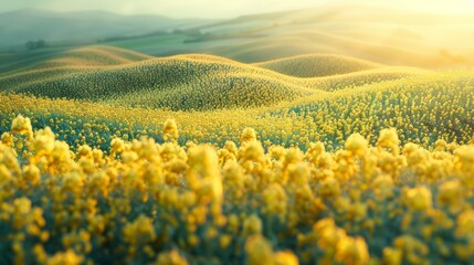 Golden Rapeseed Field at Sunset. A breathtaking expanse of a golden rapeseed field illuminated by the warm glow of the sunset, symbolizing agricultural beauty.