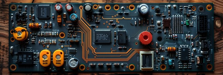 Close-up view of a detailed and intricate printed circuit board (PCB) showcasing various electronic components, resistors, capacitors, and connectors in a high-tech and precise arrangement