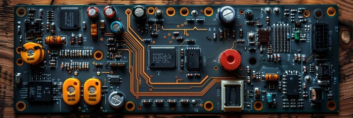 Fototapeta premium Close-up view of a detailed and intricate printed circuit board (PCB) showcasing various electronic components, resistors, capacitors, and connectors in a high-tech and precise arrangement
