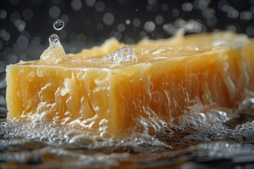 Close-up view of an orange rectangular sponge with bubbles against a black background, highlighting its texture and the dynamic water droplets on its surface