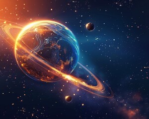 The image shows a beautiful and mysterious space landscape. There is a planet with a glowing atmosphere and a large ring system, moons and stars in the background.
