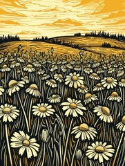 A serene artwork of a daisy field under a golden sunset, showcasing the tranquility and beauty of nature in a rustic landscape.
