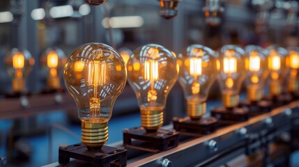 Light Bulbs on Industrial Conveyor Belt. Numerous glowing light bulbs moving along an industrial conveyor belt, symbolizing mass production and energy consumption.