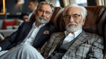 Two elderly gentlemen sitting comfortably in an upscale lounge, engaging in a relaxed, amicable conversation while dressed in refined suits