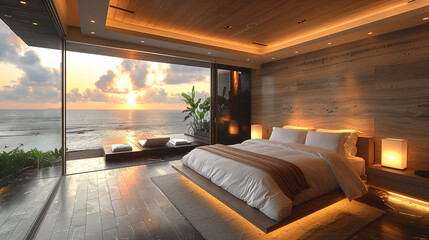 Fototapeta premium Modern style minimalist Bedroom interior design idea. Ocean view Hotel bedroom interior material brainstorming and warm comfortable place.