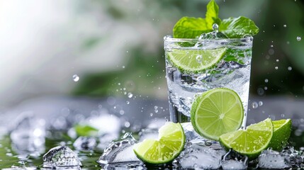 Refreshing Lime Water Splash. The splash of a lime slice dropping into a glass of icy water, showcasing a burst of freshness and vitality.