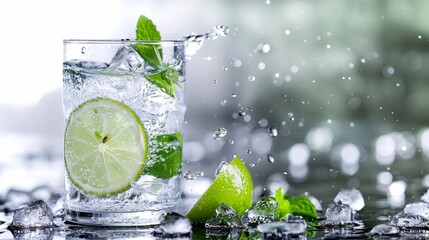 Refreshing Lime Water Splash. The splash of a lime slice dropping into a glass of icy water, showcasing a burst of freshness and vitality.