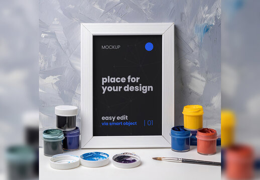 Portrait Frame Mockup with Color Paints Brush Artistic Generative Ai