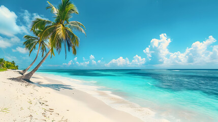 Sunny tropical Caribbean beach with palm trees and turquoise water with copy space for text