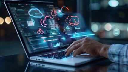 Human use laptop with online cloud document file management, information, system, DMS, online documentation database, manage files, enterprise with ERP.search and manage document business technology 